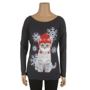 FRZ Kitten Graphic Tee Sz M Jrs Winter Snowflakes T-Shirt Holiday Christmas Top